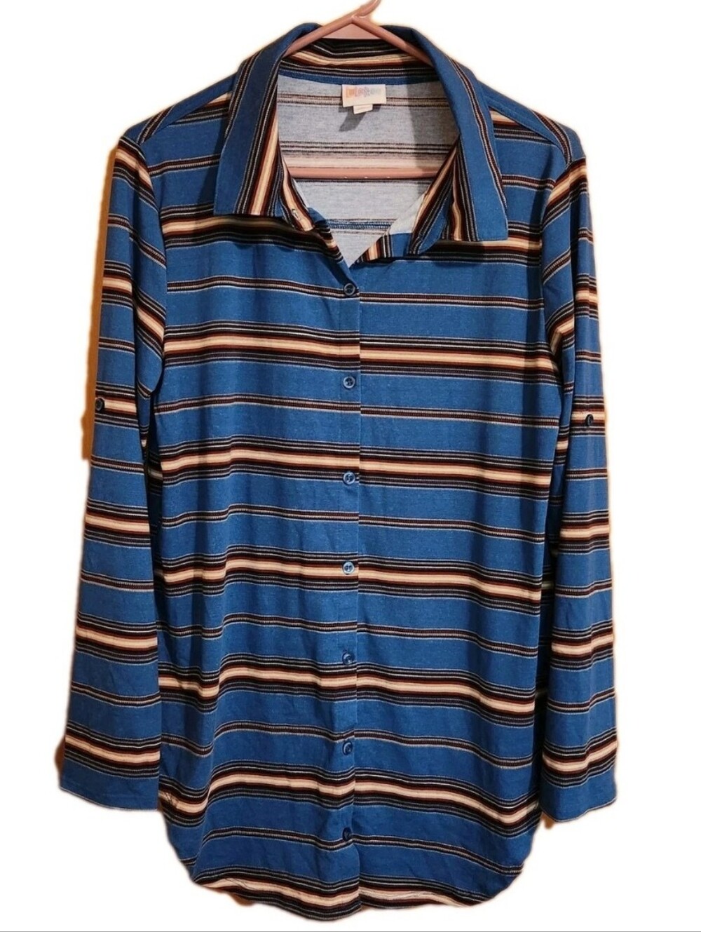 LuLaRoe Valentina Button Up Shirt M Blue Terracotta Striped Roll Tab Blouse NWT